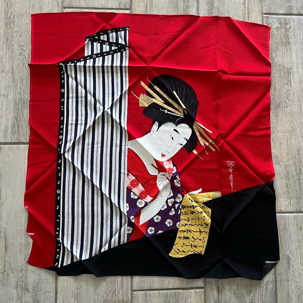 Vintage JAPANESE Geisha Girl Chirimen Fabric SCARF ~28” x 27” Mid Century MCM